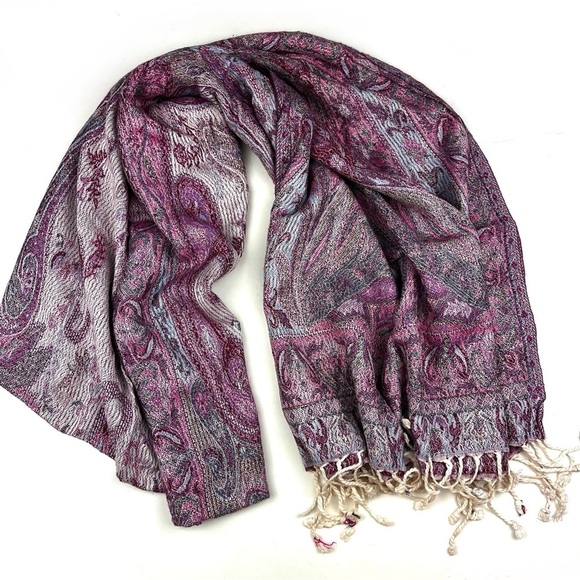 Cashmere and Silk Pink Purple Paisley Print Fringe Scarf - Picture 1 of 3